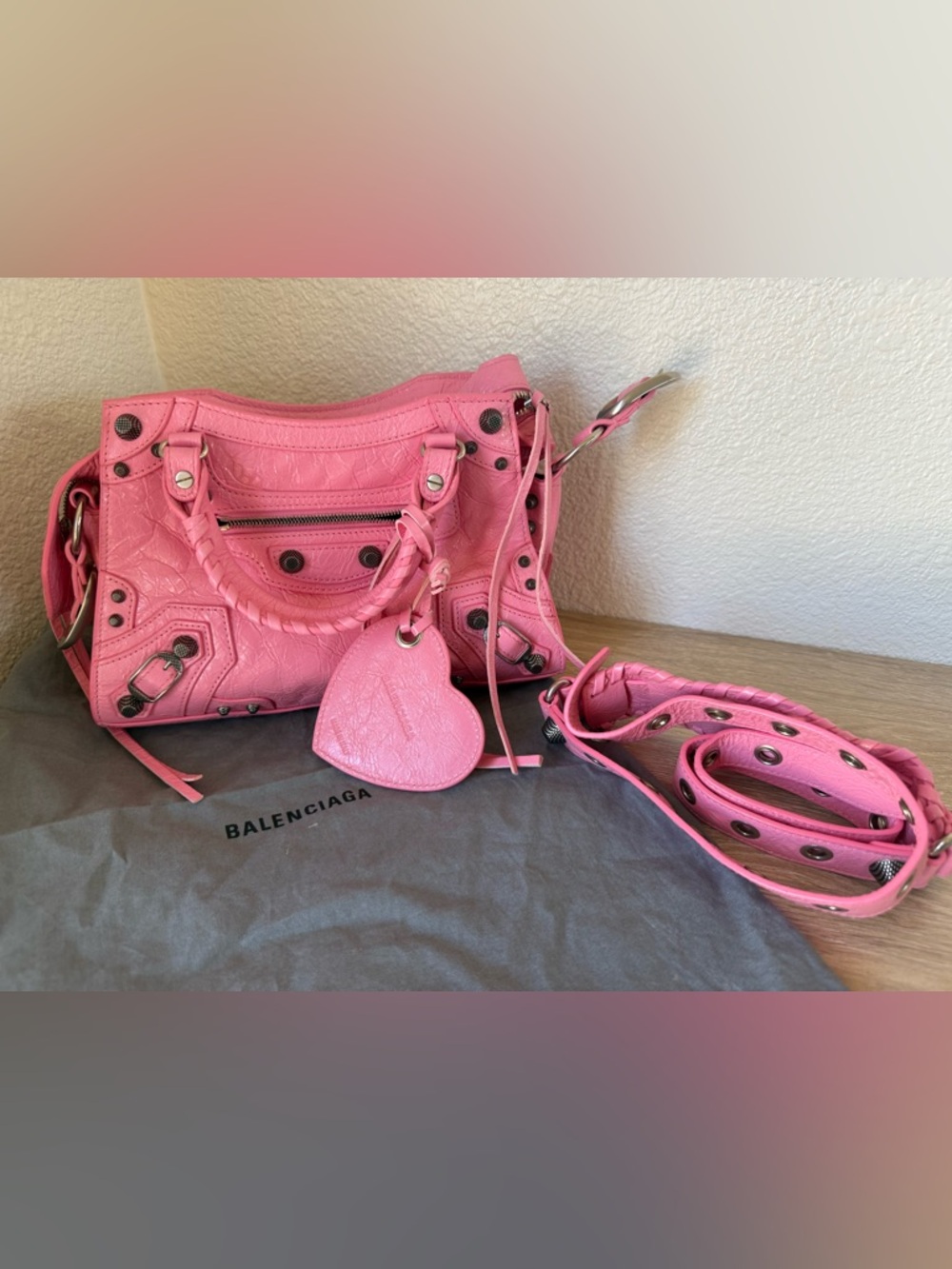 Balenciaga Hot Pink Classic City Shoulder Bag with Heart Tag